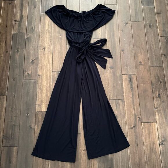 Navy Off the Shoulder Jersey Wide Leg Pants Belted Jumpsuit S/M - Picture 1 of 3
